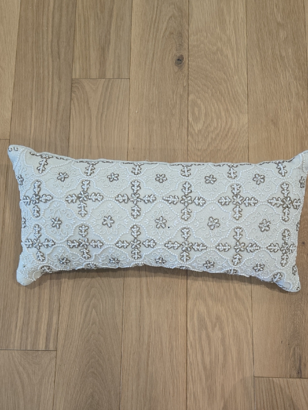ARTISTIC ACCENTS • White Embroidered Lumbar Pillow with Beaded Accents